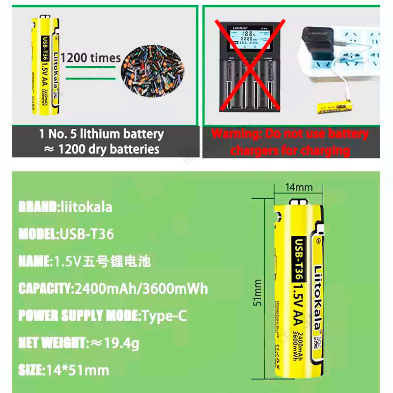 Акумулятори LiitoKala USB-T36 (4×AA 2400mAh, 1.5V) 4 в 1 Type-C