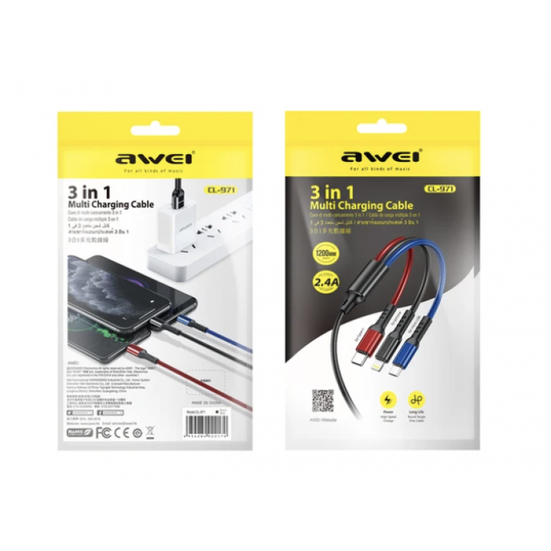 Шнур для моб. CL971 AWEI 3в1 Lightning, Micro, Type-C