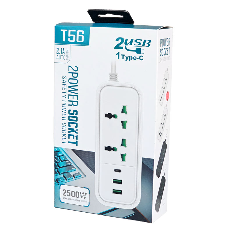 Мережевий подовжувач T56 2500W, 2м, 2 розетки + 2 USB + 1Type-C