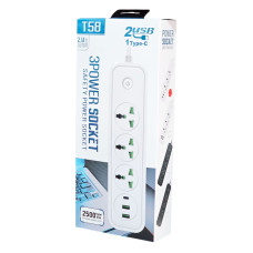 Мережевий подовжувач T58 2500W, 2м, 3 розетки + 2 USB + 1Type-C