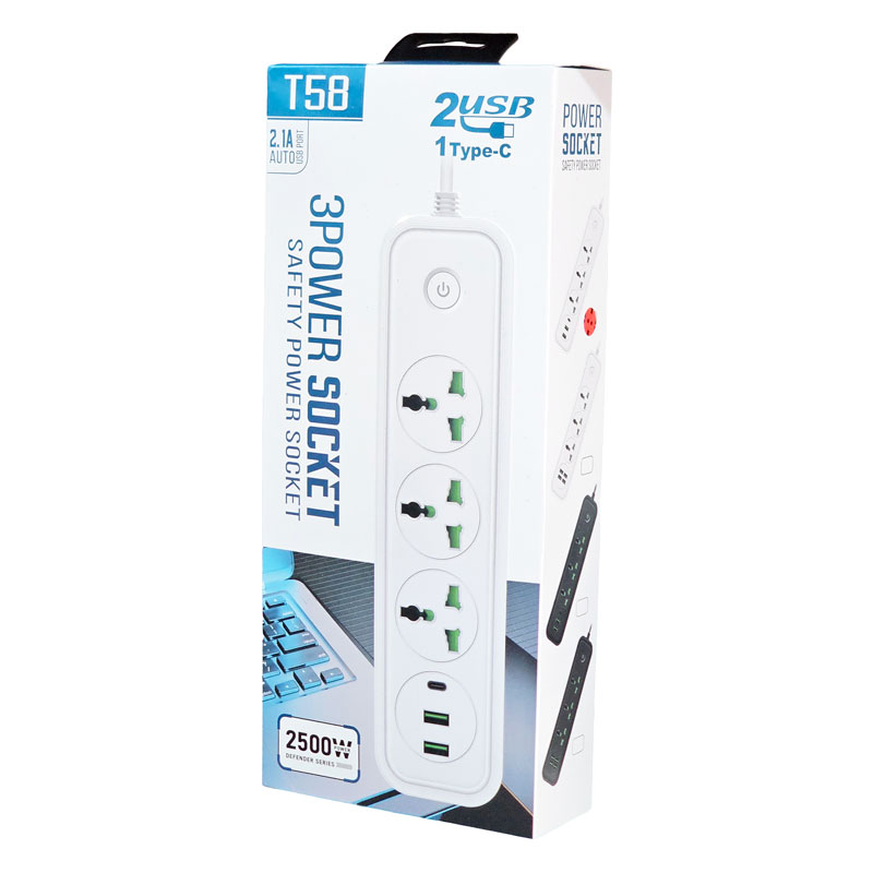 Мережевий подовжувач T58 2500W, 2м, 3 розетки + 2 USB + 1Type-C