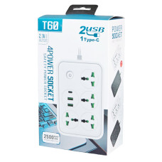 Мережевий подовжувач T60 2500W, 2м, 4 розетки + 2 USB + 1Type-C