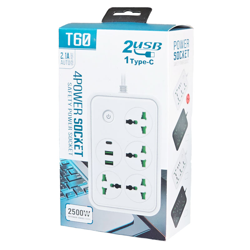 Мережевий подовжувач T60 2500W, 2м, 4 розетки + 2 USB + 1Type-C