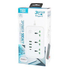 Мережевий подовжувач T61 2500W, 2м, 3 розетки + 3 USB + 1Type-C