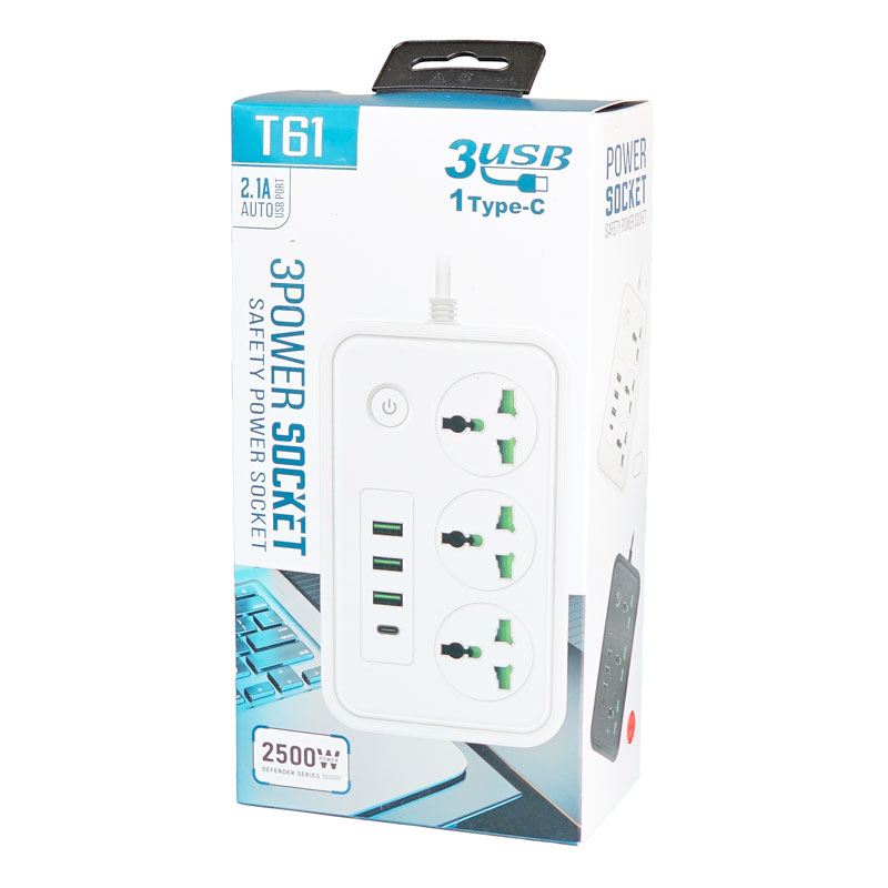 Мережевий подовжувач T61 2500W, 2м, 3 розетки + 3 USB + 1Type-C