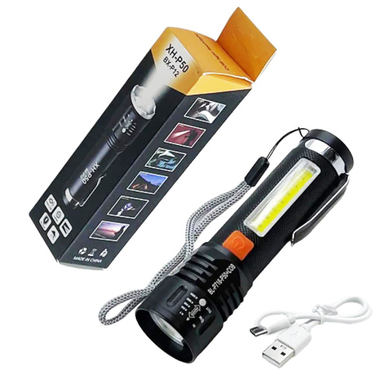 Ліхтар BL-P716-P50+COB (white+red), Li-Ion акум., zoom, ЗУ Type-C, Box