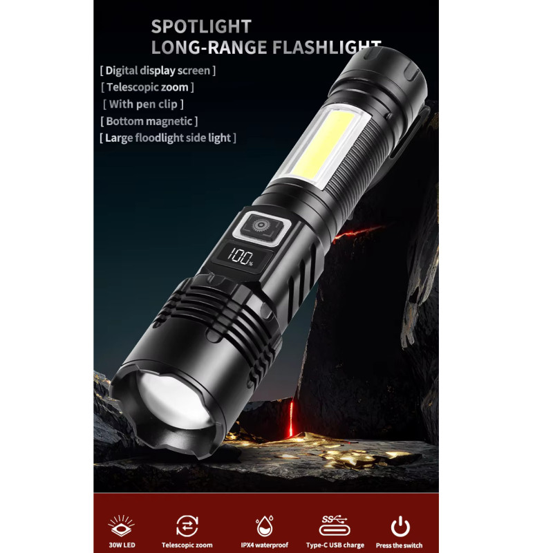 Ліхтар COB18-WHITE LASER LED PM10-TG+COB, 1x18650, power bank, магніт, ЗУ Type-C, zoom