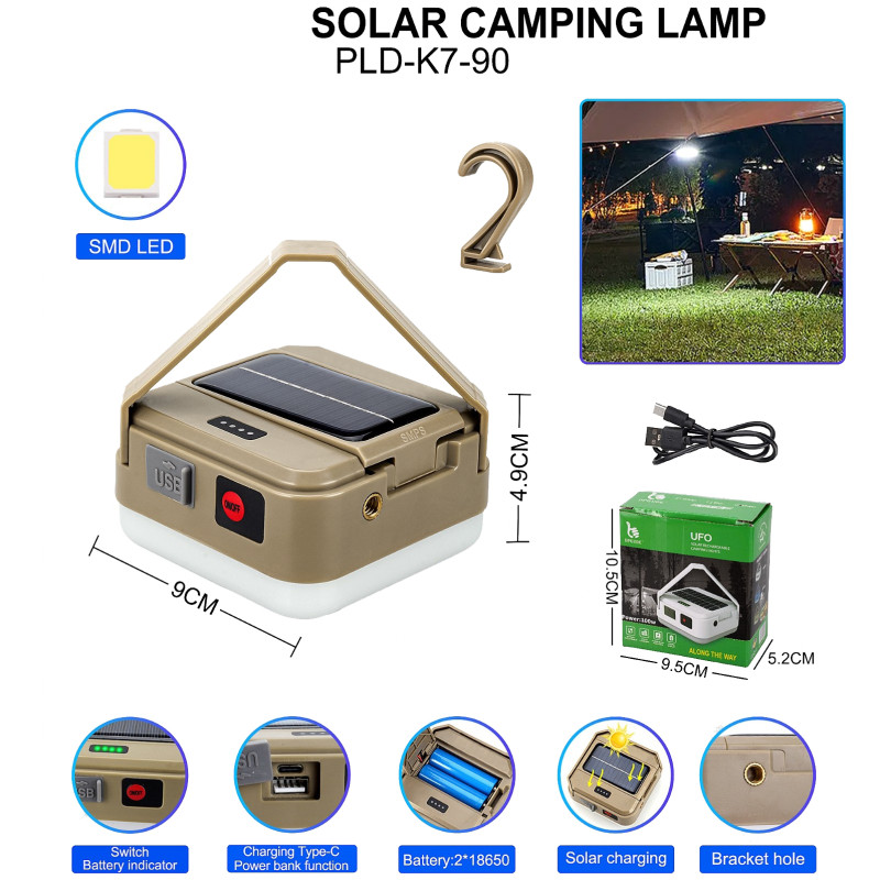 Ліхтар кемпінг DP-K7-90, 2×18650, сон. панель, power bank, ЗУ Type-C, гачок