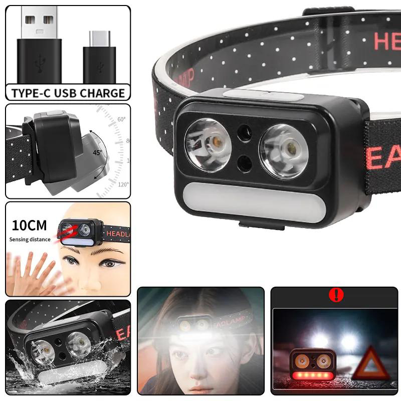 Ліхтар налобний 2069-XPG(white)+XPG(yellow)+5SMD(red), Motion Sensor, Li-Ion акумулятор, ЗУ Type-C