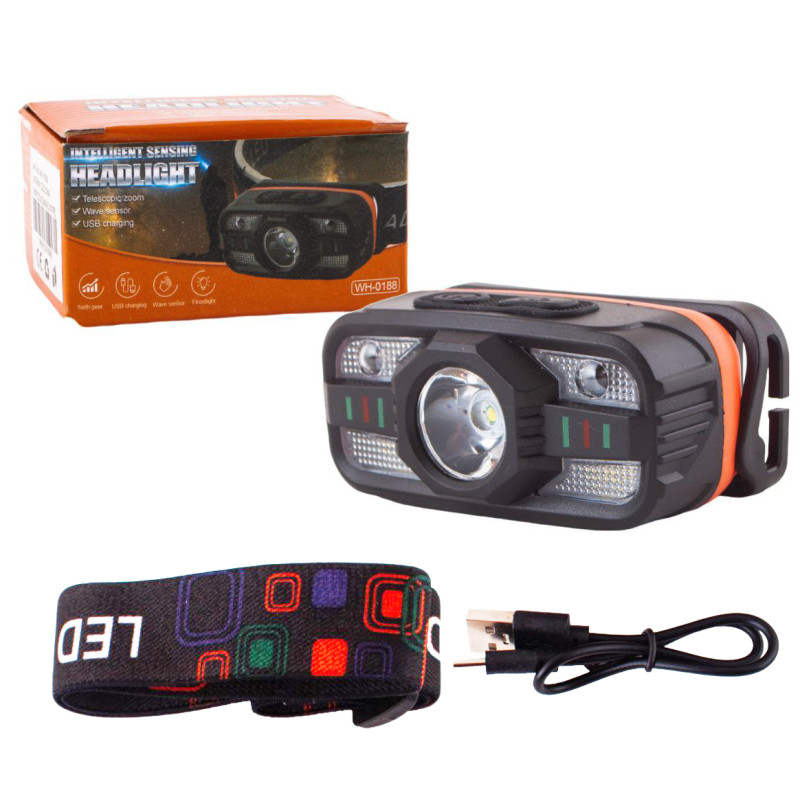 Ліхтар налобний WH-0188-XPE+SMD(white+red), Motion Sensor, Li-Ion акумулятор, ЗУ Type-C