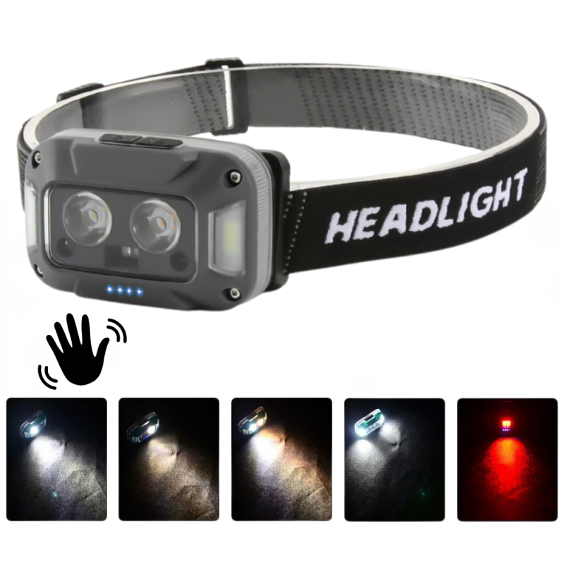 Ліхтар налобний WH-0218-XPG(white+yellow)+SMD(red), Motion Sensor, Li-Ion акумулятор, ЗУ Type-C