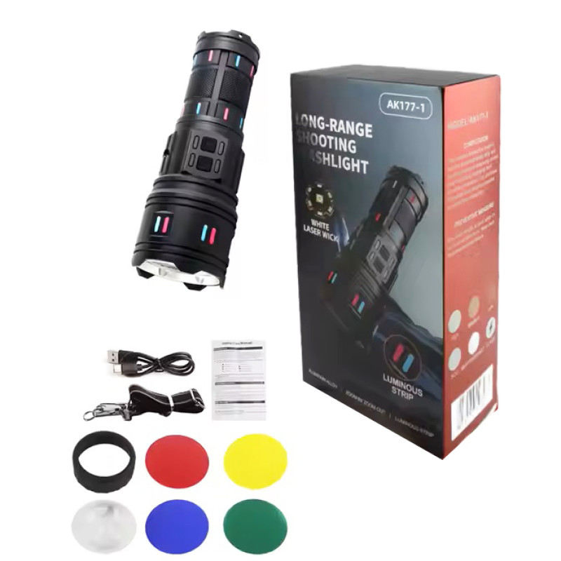 Ліхтар NIGHT VISION FLUORESCENCE AK177-1 WHITE LASER LED PM60-TG, 4х18650, power bank, індикація заряду, ЗУ Type-C, zoom, 5 фільтрів