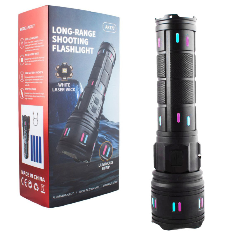 Ліхтар NIGHT VISION FLUORESCENCE AK177-WHITE LASER LED PM60-TG, 8x18650 3.7V, Power Bank, ЗУ Type-C, zoom, 5 фільтрів