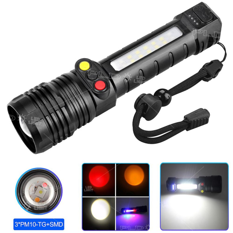 Ліхтар PLD-H005-3PM10-TG(white+yellow+red)+14SMD, Li-Ion акум., індикація заряду, ЗУ Type-C, zoom, Box