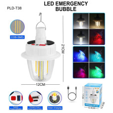 Світлодіодна LED лампа з акумулятором T38-COB+SMD(RGB), 2×18650, сонячна батарея, гачок, ЗУ Type-C