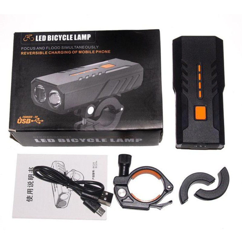 Велофара BC25S, 300LM, Waterproof, Power Bank, Li-Ion акумулятор, ЗУ Type-C, індикація заряду