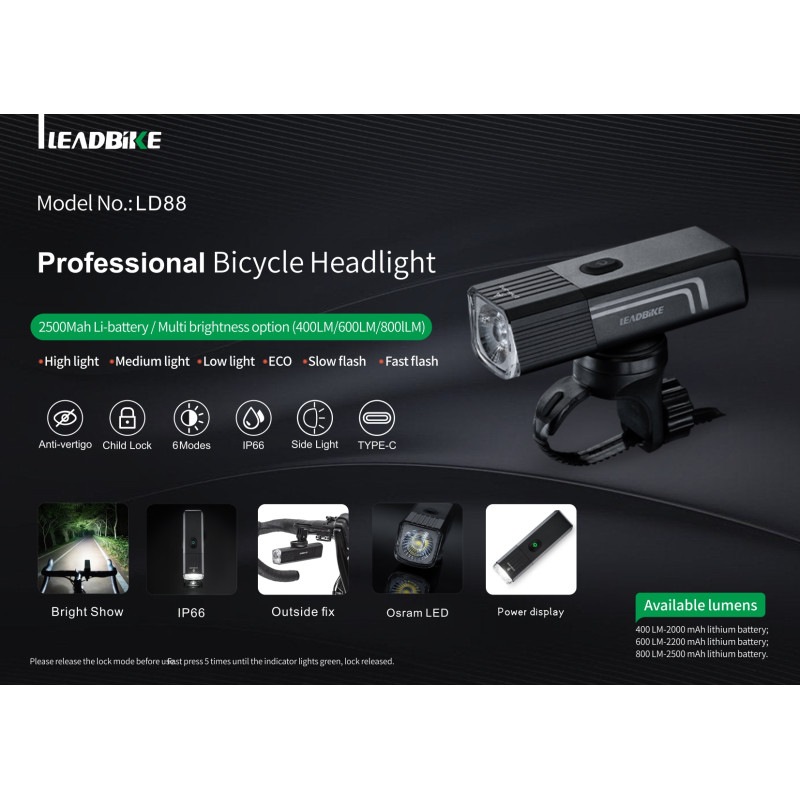 Велофара мощная LEADBIKE LD88-OSRAM 800LM, 2500mAh,waterproof, children lock, Li-Ion аккум., ЗУ Type-C оптом в Украине