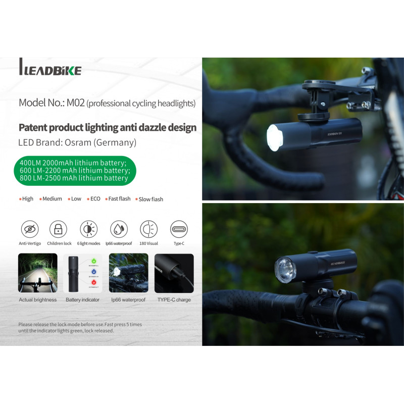 Велофара потужна LEADBIKE M02-OSRAM 400LM, 2000mAh, waterproof, children lock, Li-Ion акумулятор, ЗУ Type-C