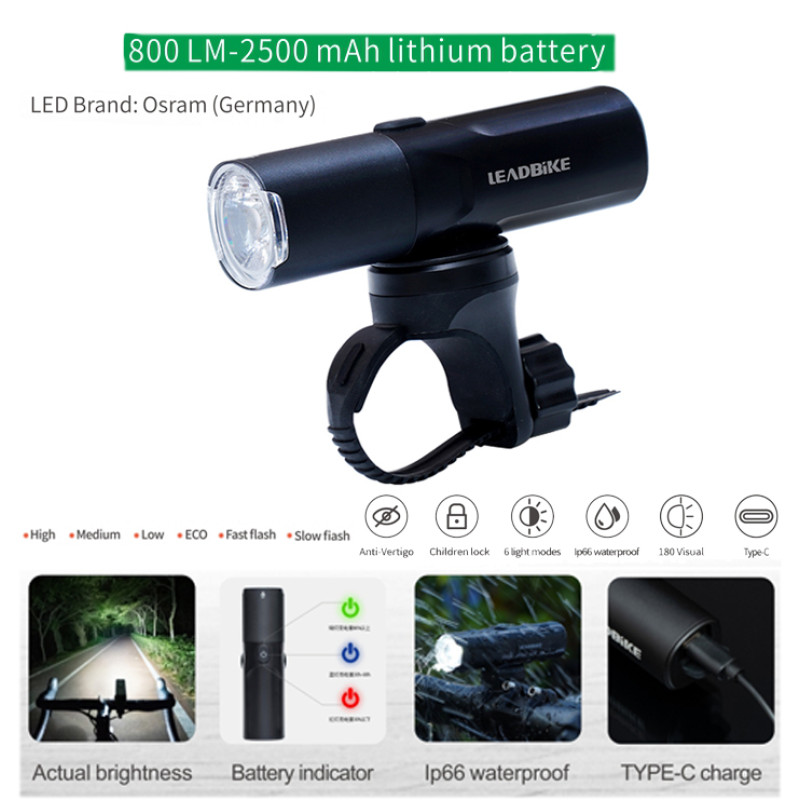 Велофара потужна LEADBIKE M02-OSRAM 800LM, 2500mAh, waterproof, children lock, Li-Ion акумулятор, ЗУ Type-C