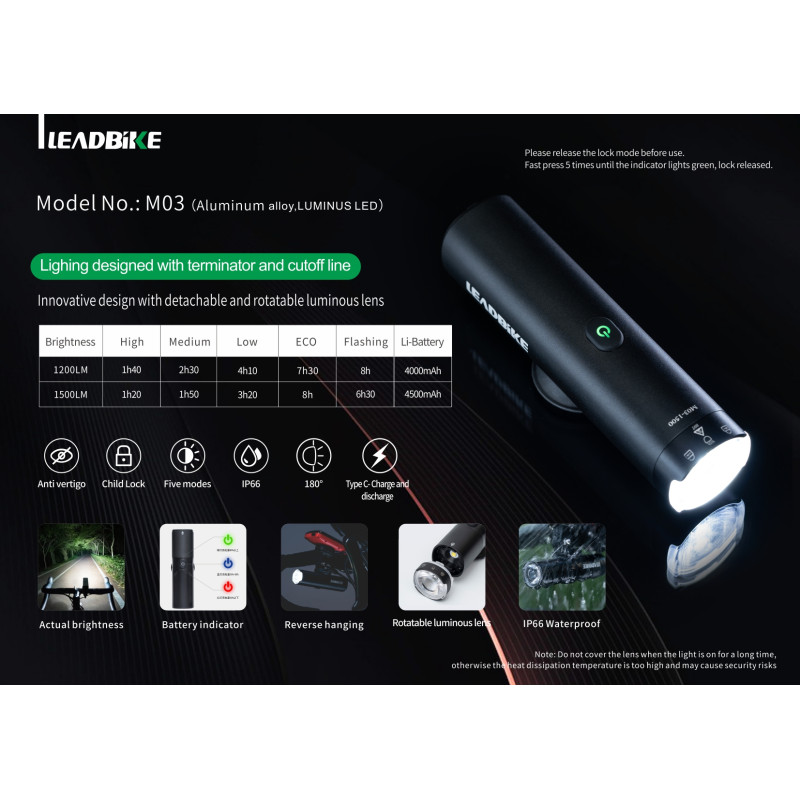 Велофара потужна LEADBIKE M03-OSRAM 400LM, 2000mAh, waterproof, children lock, Li-Ion акумулятор, ЗУ Type-C