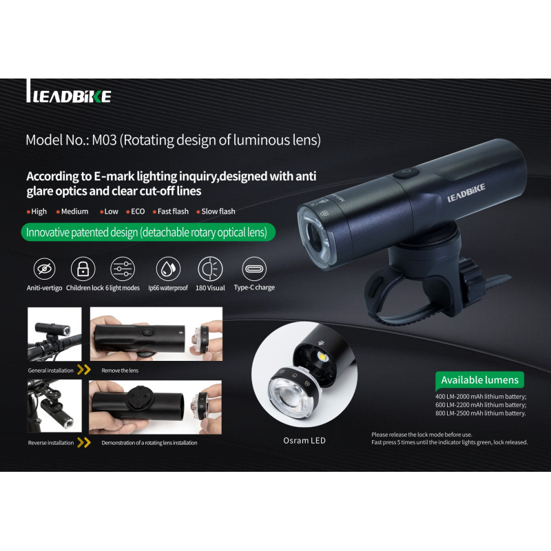 Велофара потужна LEADBIKE M03-OSRAM 400LM, 2000mAh, waterproof, children lock, Li-Ion акумулятор, ЗУ Type-C