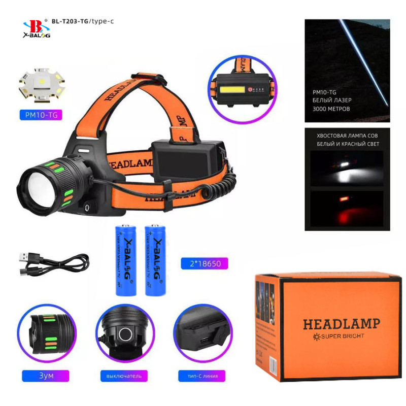 Ліхтар налобний NIGHT VISION FLUORESCENCE BL-T203-TG+COB (white+red), 2×18650, 1 режим, ЗУ Type-C, zoom