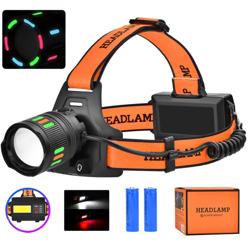 Ліхтар налобний NIGHT VISION FLUORESCENCE BL-T203-TG+COB (white+red), 2×18650, 1 режим, ЗУ Type-C, zoom