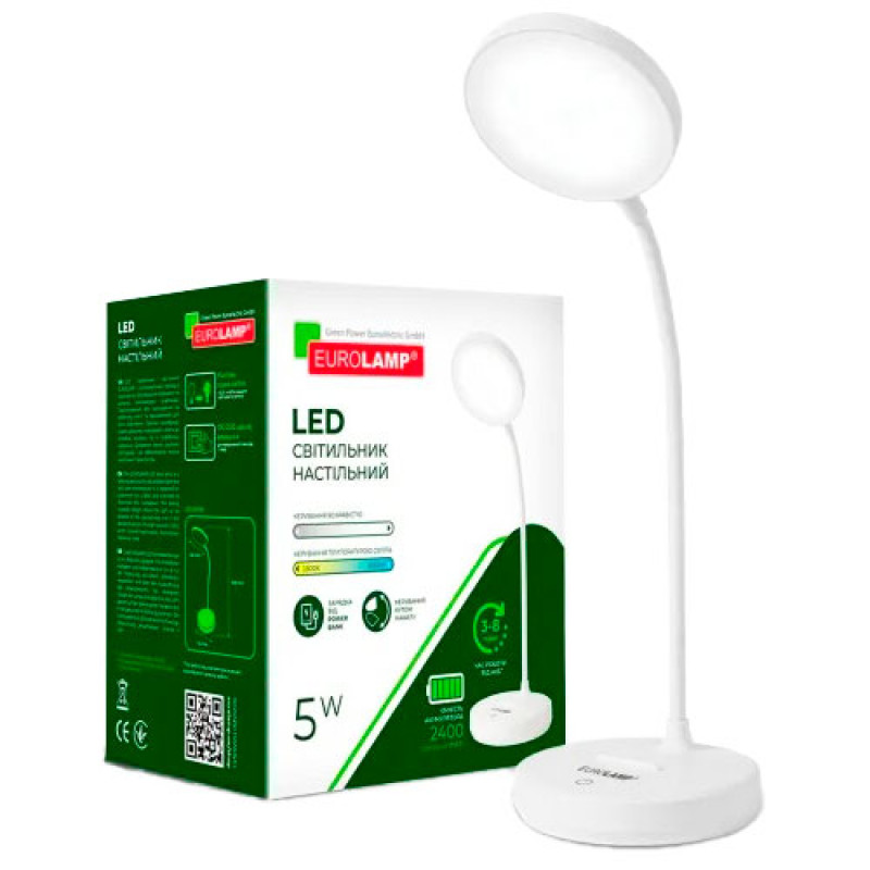 LED світильник настільний EUROLAMP LED-TLB-5W, АКБ 2*18650, 2800K-6500K, димер, ЗП Type-C