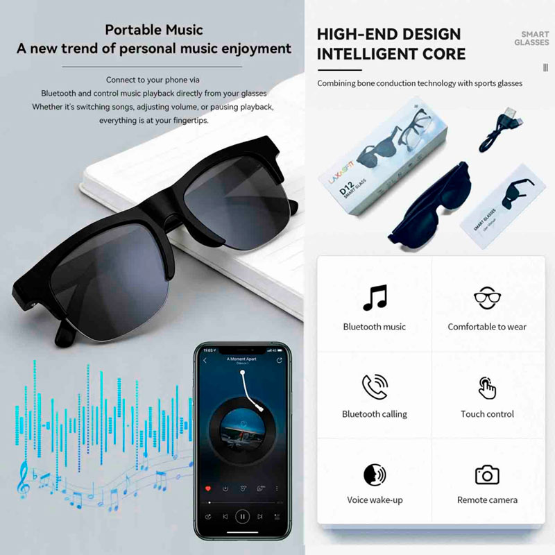 Розумні окуляри Smart Glasses D12, Bluetooth, Touch control, Voice wake-up, Remote camera