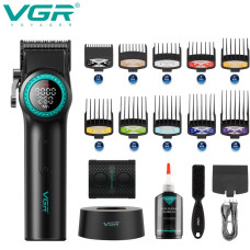 Акумуляторна машинка для стриження (clipper) VGR V-001 BLACK, 10 насадок, 9000 RPM, 4600 mAh, LED light, LED display