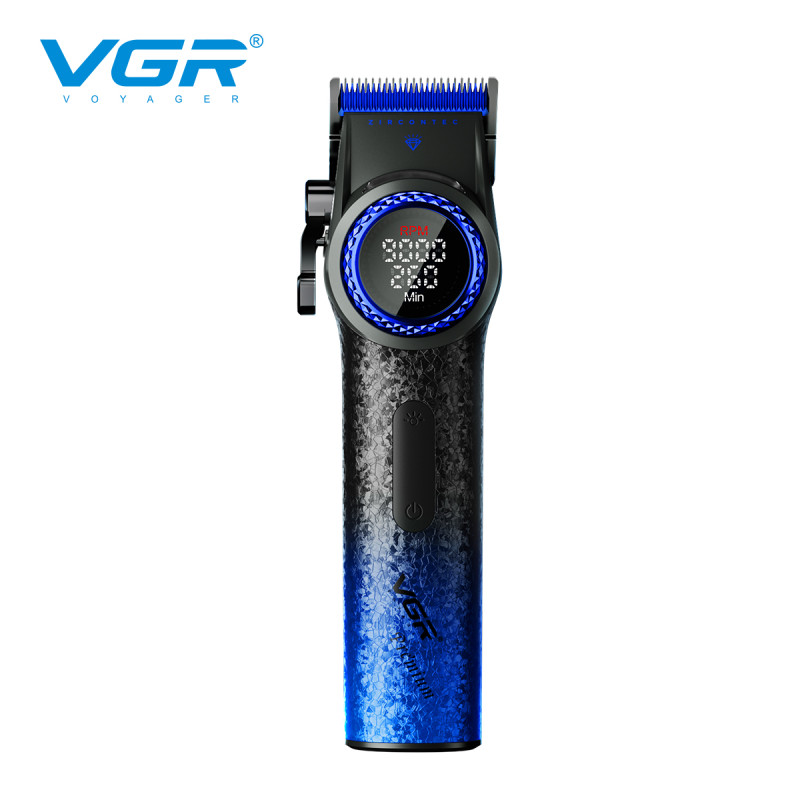 Акумуляторна машинка для стриження (clipper) VGR V-001 BLUE, 10 насадок, 9000 RPM, 4600 mAh, LED light, LED display
