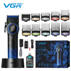 Акумуляторна машинка для стриження (clipper) VGR V-001 BLUE, 10 насадок, 9000 RPM, 4600 mAh, LED light, LED display