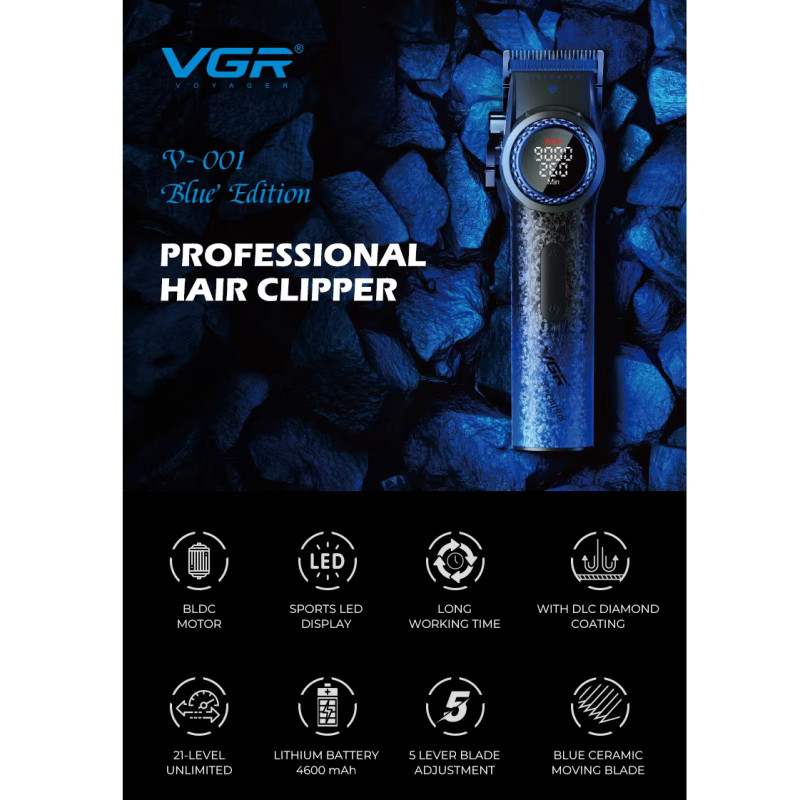 Акумуляторна машинка для стриження (clipper) VGR V-001 BLUE, 10 насадок, 9000 RPM, 4600 mAh, LED light, LED display