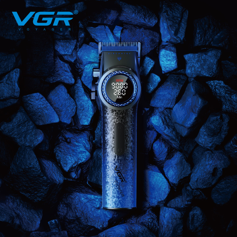 Акумуляторна машинка для стриження (clipper) VGR V-001 BLUE, 10 насадок, 9000 RPM, 4600 mAh, LED light, LED display