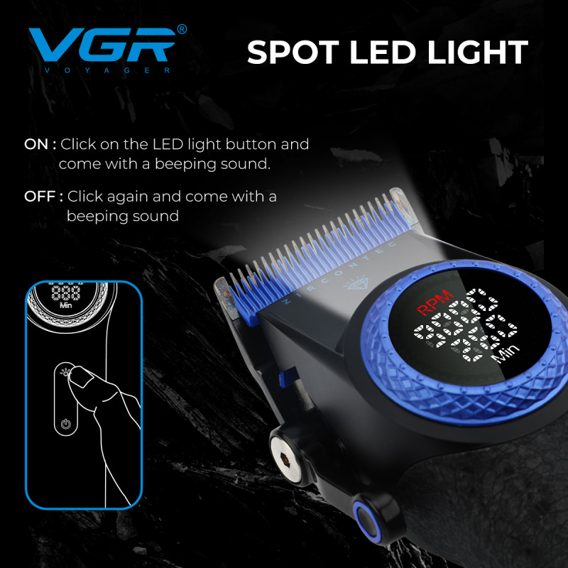 Акумуляторна машинка для стриження (clipper) VGR V-001 BLUE, 10 насадок, 9000 RPM, 4600 mAh, LED light, LED display