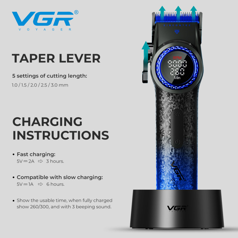 Акумуляторна машинка для стриження (clipper) VGR V-001 BLUE, 10 насадок, 9000 RPM, 4600 mAh, LED light, LED display
