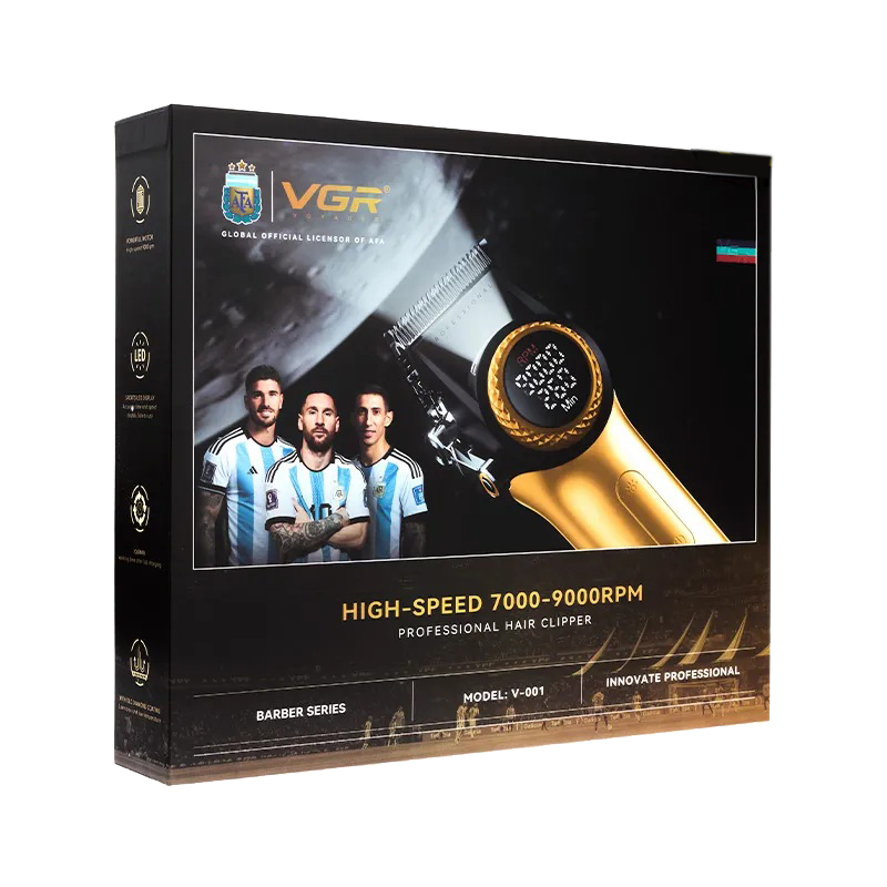 Акумуляторна машинка для стриження (clipper) VGR V-001 GOLD, 10 насадок, 9000 RPM, 4600 mAh, LED light, LED display