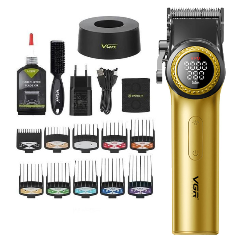 Акумуляторна машинка для стриження (clipper) VGR V-001 GOLD, 10 насадок, 9000 RPM, 4600 mAh, LED light, LED display
