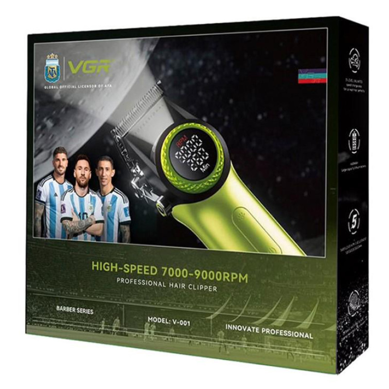 Акумуляторна машинка для стриження (clipper) VGR V-001 GREEN, 10 насадок, 9000 RPM, 4600 mAh, LED light, LED display