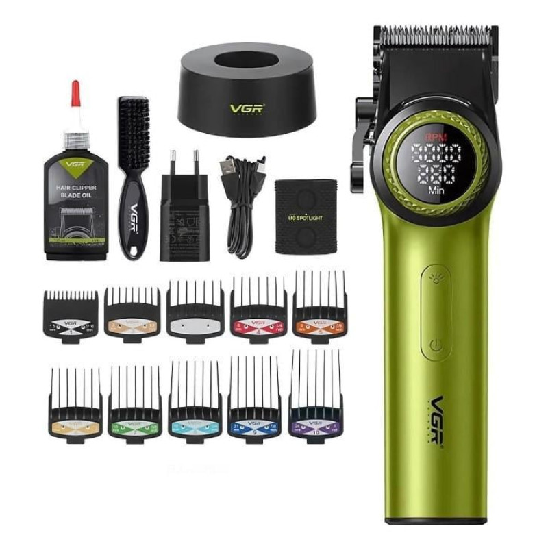 Акумуляторна машинка для стриження (clipper) VGR V-001 GREEN, 10 насадок, 9000 RPM, 4600 mAh, LED light, LED display
