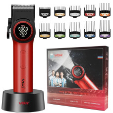 Акумуляторна машинка для стриження (clipper) VGR V-001 RED, 10 насадок, 9000 RPM, 4600 mAh, LED light, LED display