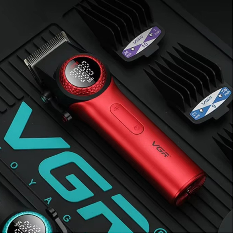 Акумуляторна машинка для стриження (clipper) VGR V-001 RED, 10 насадок, 9000 RPM, 4600 mAh, LED light, LED display
