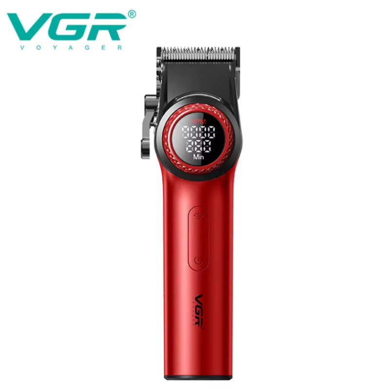 Акумуляторна машинка для стриження (clipper) VGR V-001 RED, 10 насадок, 9000 RPM, 4600 mAh, LED light, LED display