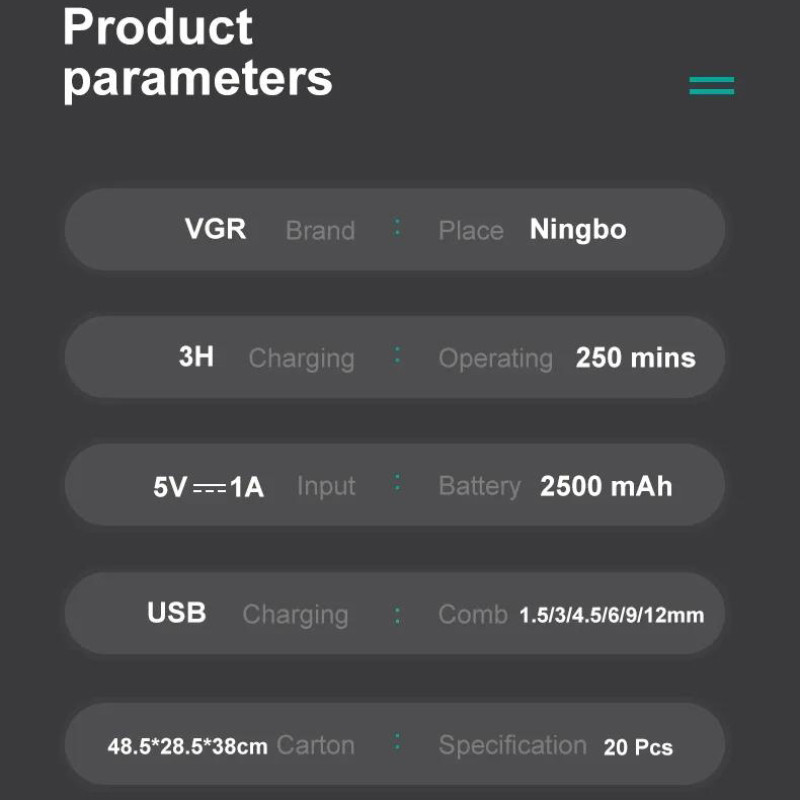 Акумуляторна машинка для стриження (clipper) VGR V-003 GOLD, 6 насадок, TURBO режим 9000 RPM, керамічне лезо, LED display