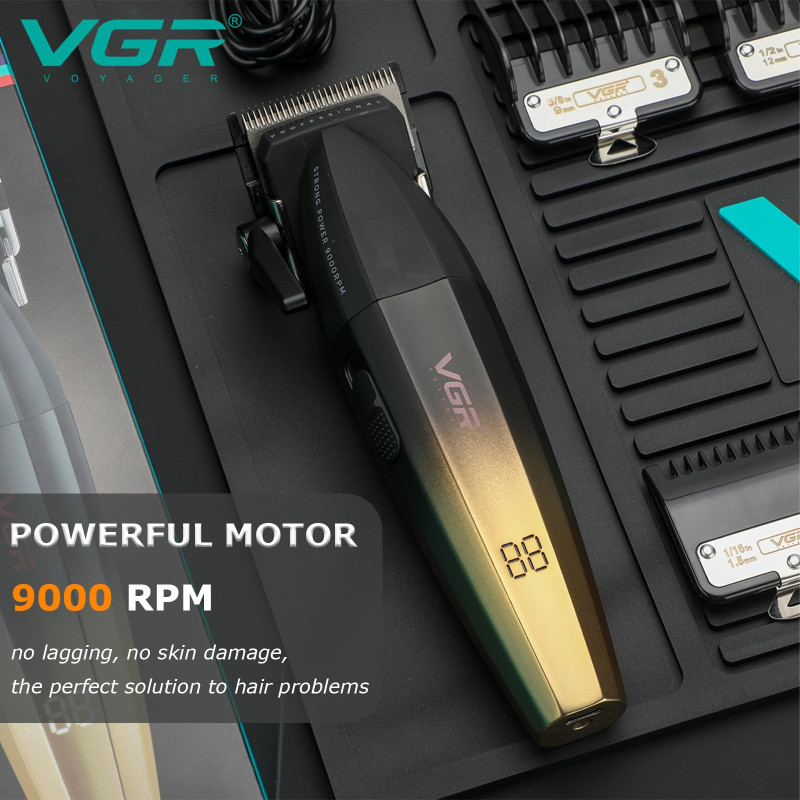 Акумуляторна машинка для стриження (clipper) VGR V-003 GOLD, 6 насадок, TURBO режим 9000 RPM, керамічне лезо, LED display
