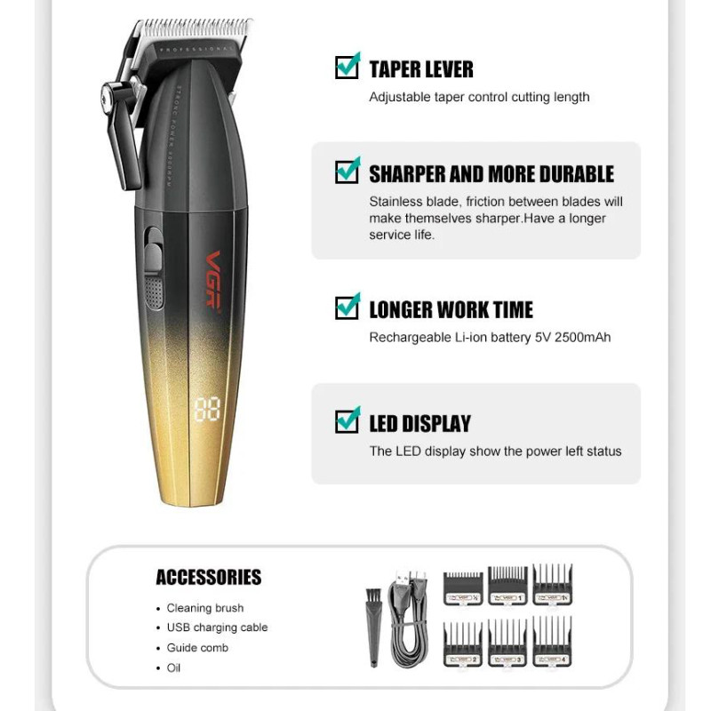 Акумуляторна машинка для стриження (clipper) VGR V-003 GOLD, 6 насадок, TURBO режим 9000 RPM, керамічне лезо, LED display