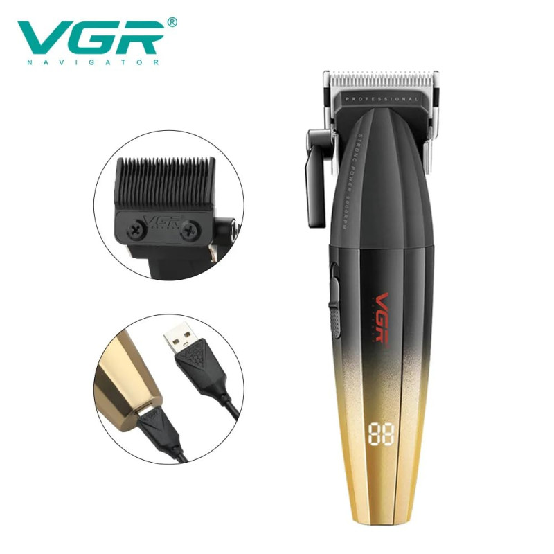 Акумуляторна машинка для стриження (clipper) VGR V-003 GOLD, 6 насадок, TURBO режим 9000 RPM, керамічне лезо, LED display