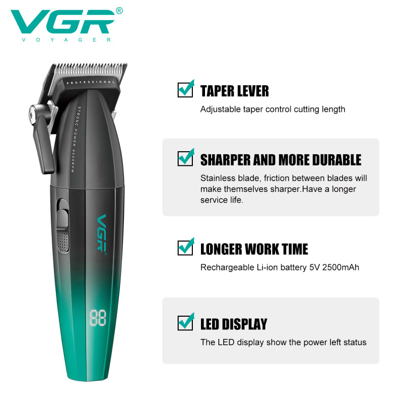 Акумуляторна машинка для стриження (clipper) VGR V-003 GREEN, 6 насадок, TURBO режим 9000 RPM, керамічне лезо, LED display