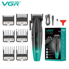 Акумуляторна машинка для стриження (clipper) VGR V-003 GREEN, 6 насадок, TURBO режим 9000 RPM, керамічне лезо, LED display