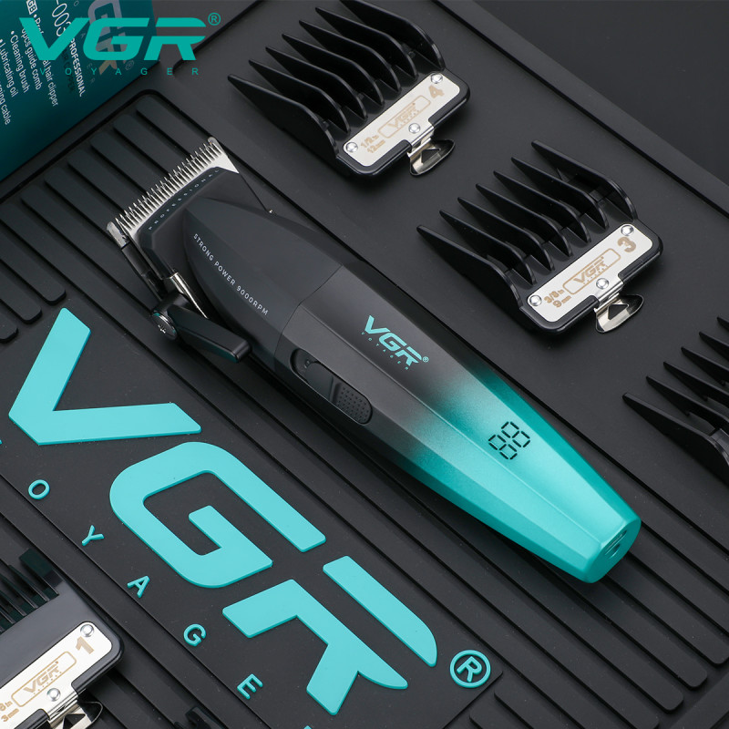 Акумуляторна машинка для стриження (clipper) VGR V-003 GREEN, 6 насадок, TURBO режим 9000 RPM, керамічне лезо, LED display
